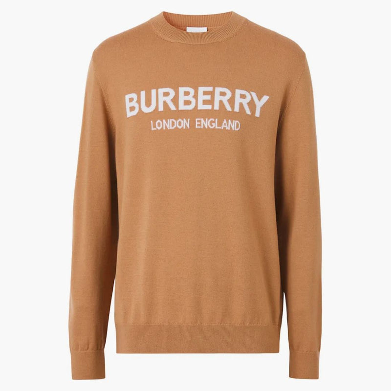 Logo Burberry Logo Intarsia Wool Blend Svetr velblouda/bílý