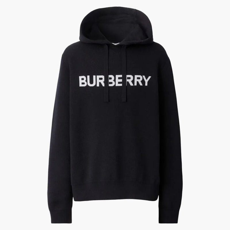 Burberry logotyp intarsia ull bomull överdimensionerad hoodie kolblå