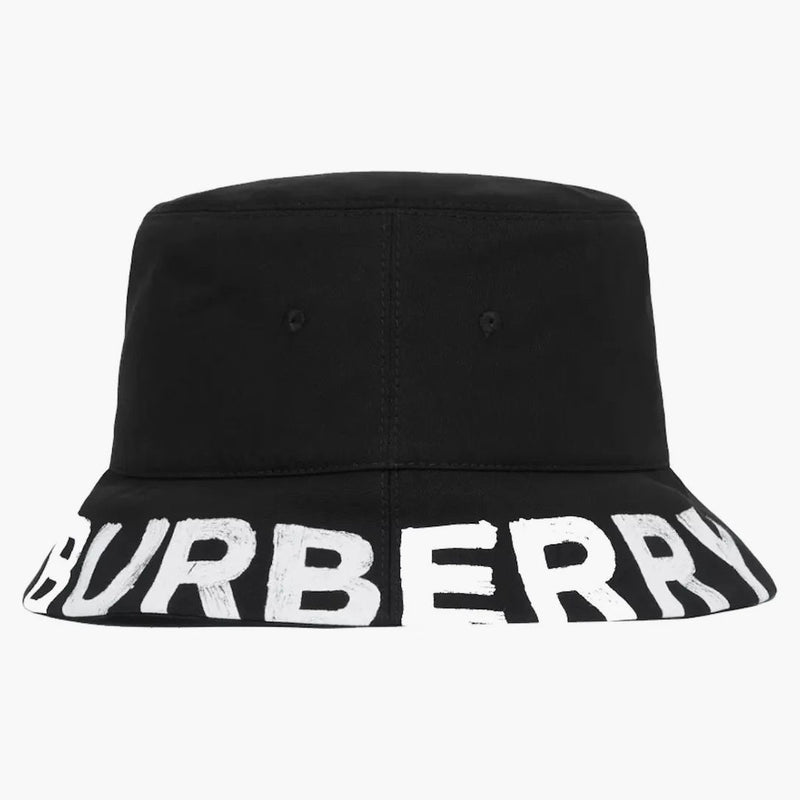Burberry Reversible Logo Print Cotton Gabardine Bucket Has Black