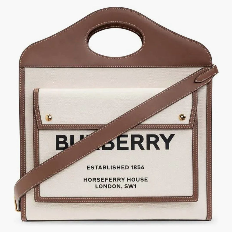 Burberry Medium Tvåfärgad duk och läderfickväska Natural/Malt Brown