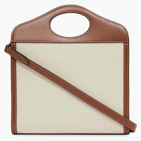 Burberry Mini Tvåfärgad duk och läderfickväska Natural/Malt Brown