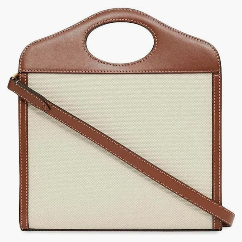 Burberry Mini Tvåfärgad duk och läderfickväska Natural/Malt Brown