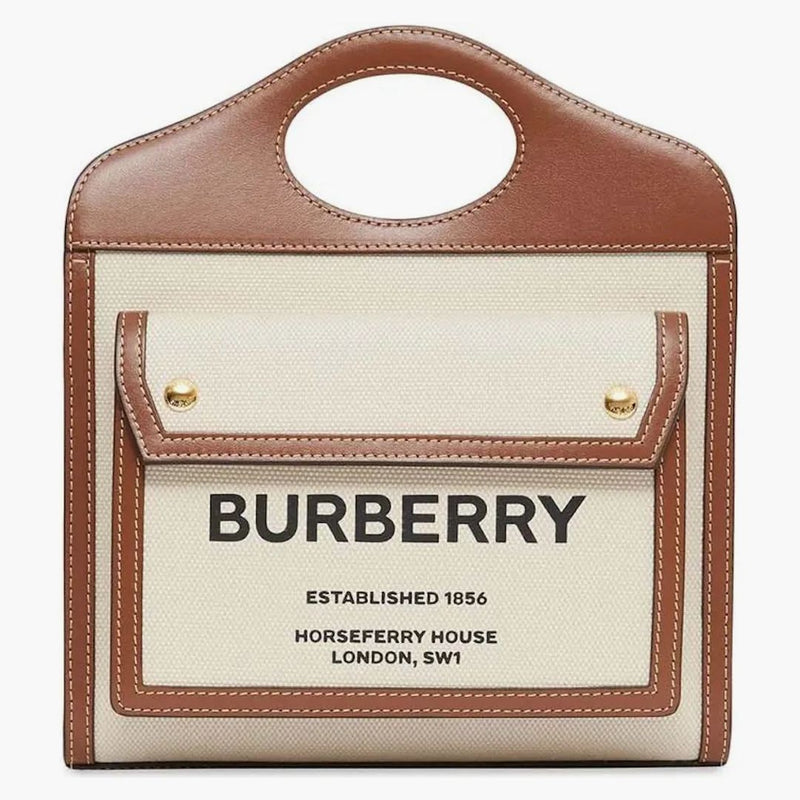 Burberry Mini Tvåfärgad duk och läderfickväska Natural/Malt Brown