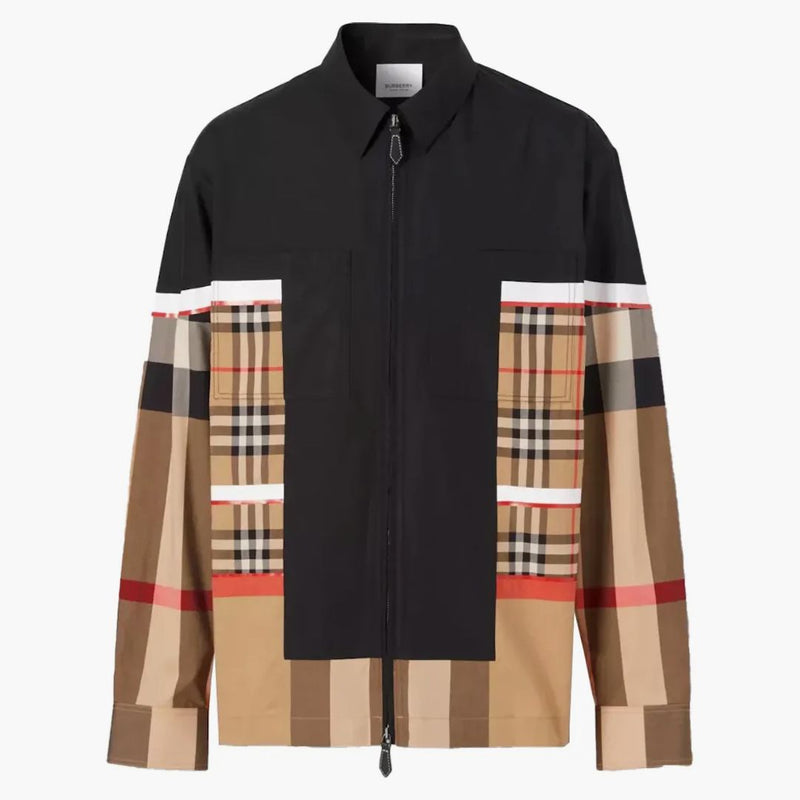 Burberry Patchwork Check Cotton Zip-Front Shirt Archive Beige