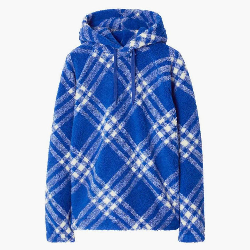 Burberry Plaid-Check Pattern Fleece Fleece Hoodie Blue/White