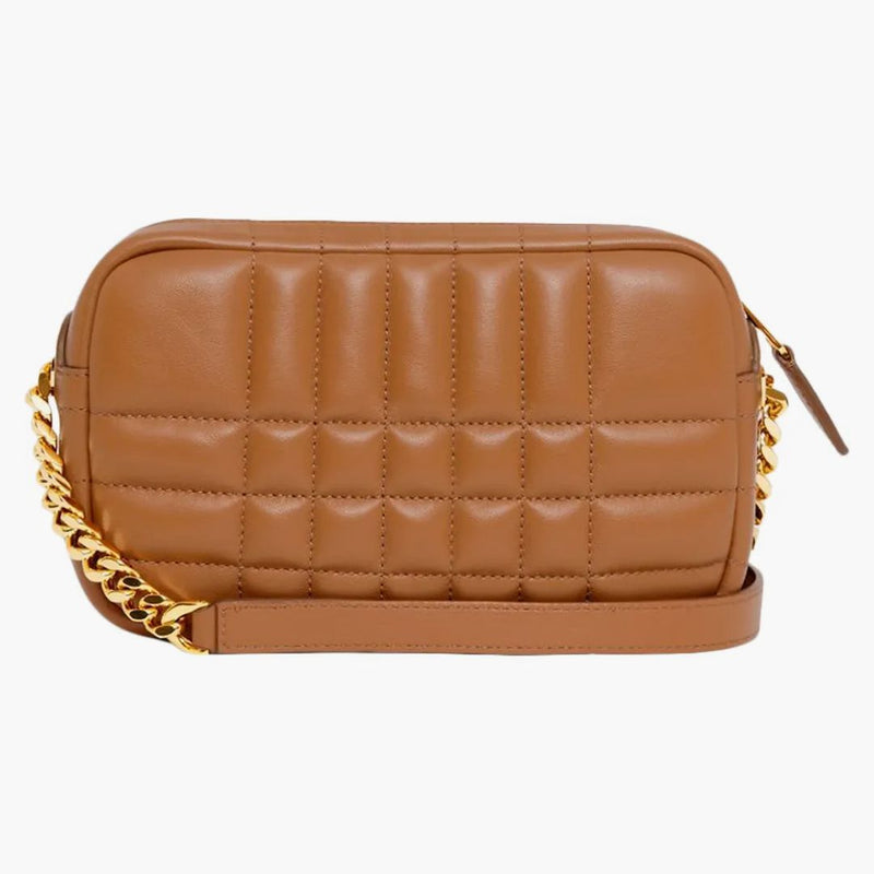 Burberry quiltad läder mini lola kamerapåse lönn brun/guld ton