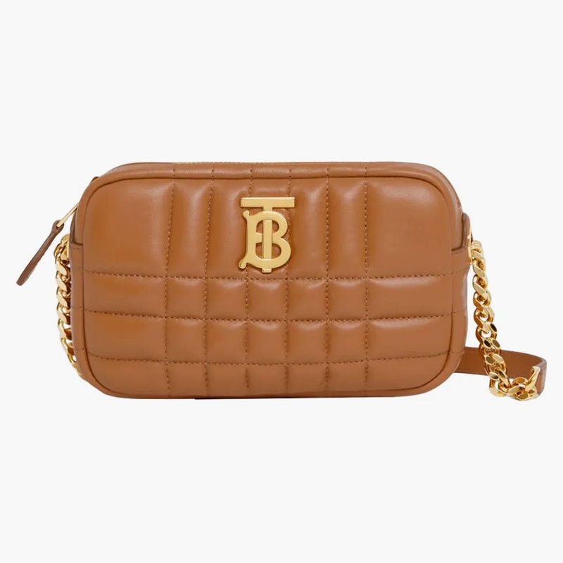 Burberry quiltad läder mini lola kamerapåse lönn brun/guld ton