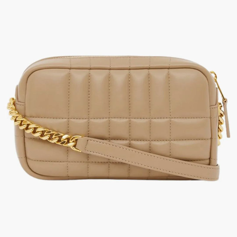 Burberry quiltad läder mini lola kamerapåse havre beige/guldfärg
