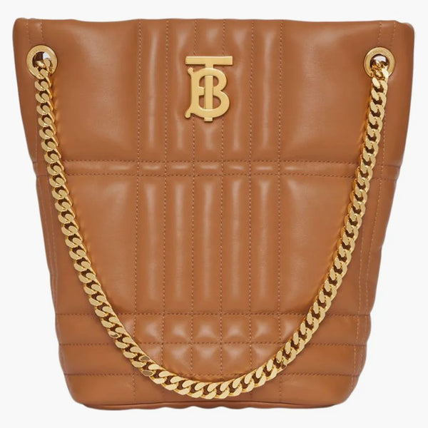 Burberry quiltad läder liten lola hink väska lönn brun/guldton