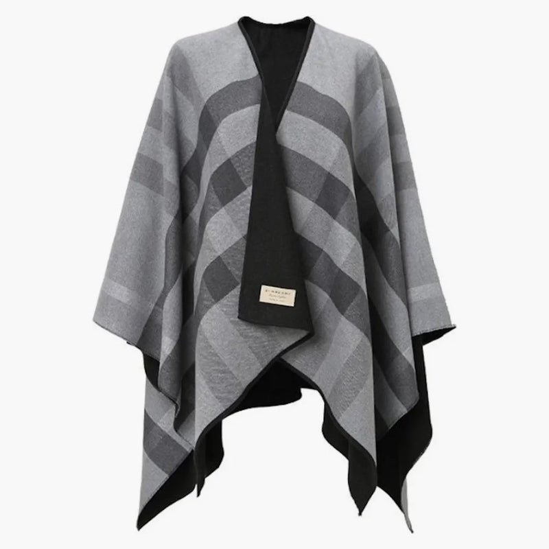 Burberry Reversible Check Merino Wool Poncho Scarf Black/Grey