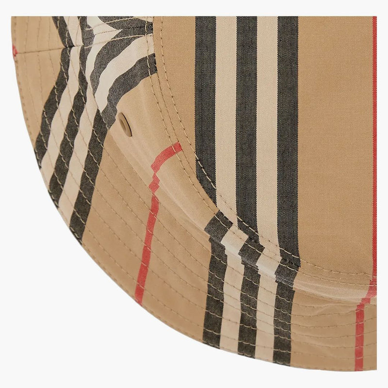 Burberry Reversible Icon Stripe Cotton Bucket has Archive Beige