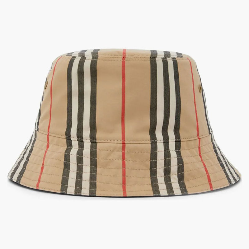 Burberry Reversible Icon Stripe Cotton Bucket has Archive Beige