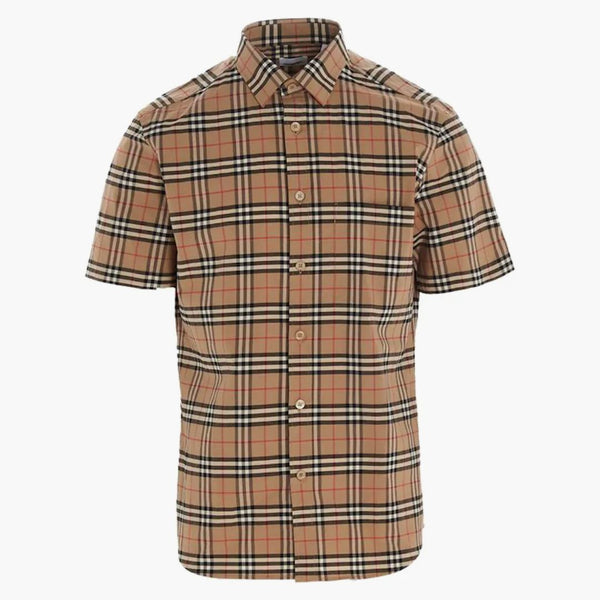 Burberry s/s liten skala kontrollera stretch bomullskjorta arkiv beige