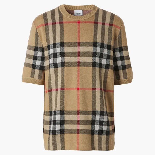 Burberry Short Sleeve Check Silk Wool Jacquard Top Archive Beige