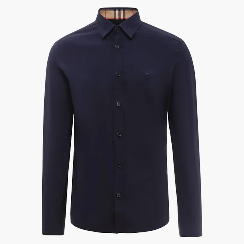 Burberry Slim Fit Monogram Motif Stretch Cotton Poplin Shirt Navy