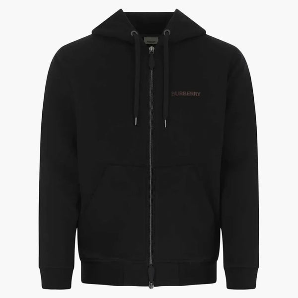 Burberry Stretch Cotton Logo Print Zip Up Hoodie Black