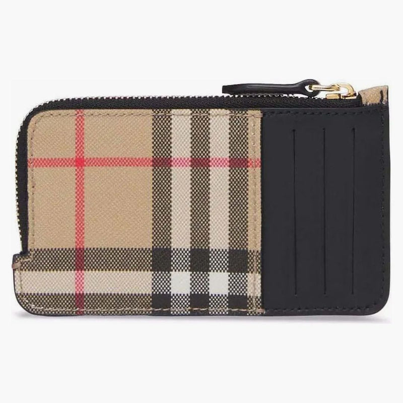 Burberry Vintage Check And Leather Zip Card Case Black / Beige