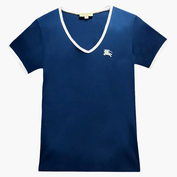 Monogramma ricamato da donna Burberry Monogramma EKD V Neck T-shirt Blu/Bianco