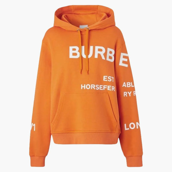 Burberry kvinnors hästfästar tryck bomullsdragsträng hoodie orange/vit