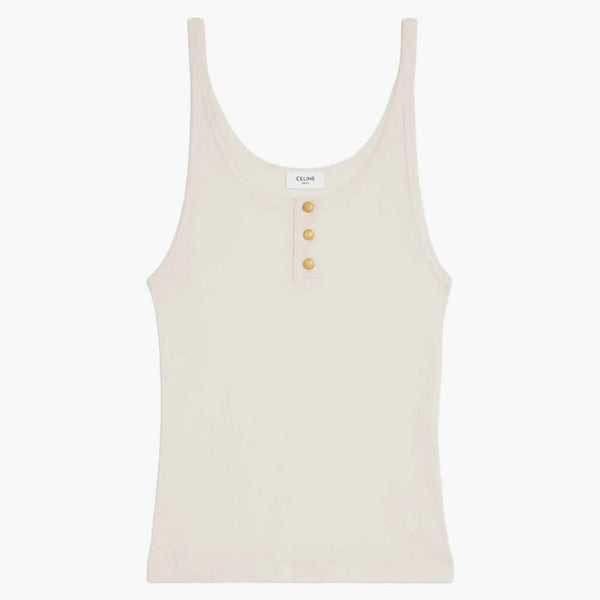 Celine -knäppt tank top i ribbad siden tröja av vit