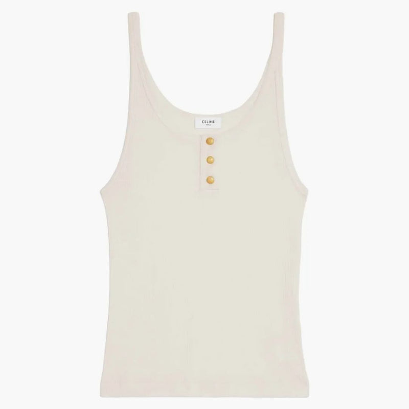 Celine -knäppt tank top i ribbad siden tröja av vit