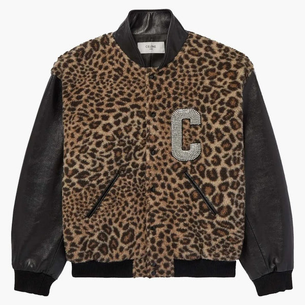 Celine Crystal-embellished Leopard Print Bomber Jacket Brown