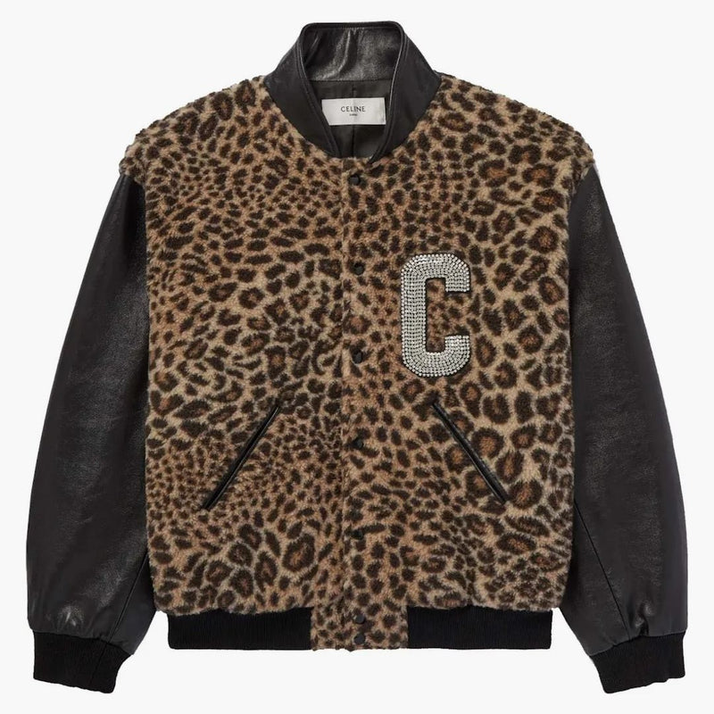 Celine Crystal-embellished Leopard Print Bomber Jacket Brown
