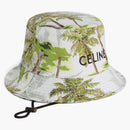 Celine Embroidery in Ombre Palm Tree Print Cotton Gabardine Bucket has with Drawstring Grey/Green