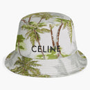 Celine Embroidery in Ombre Palm Tree Print Cotton Gabardine Bucket has with Drawstring Grey/Green