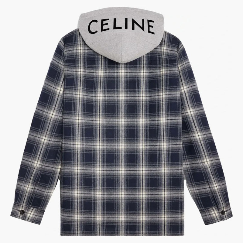 Celine Hooded Checked Cotton Overhirt Navy