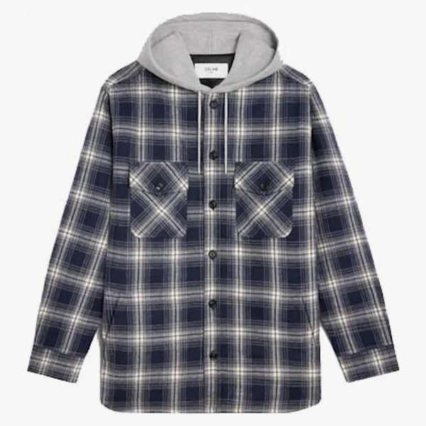 Celine Hooded Checked Cotton Overhirt Navy