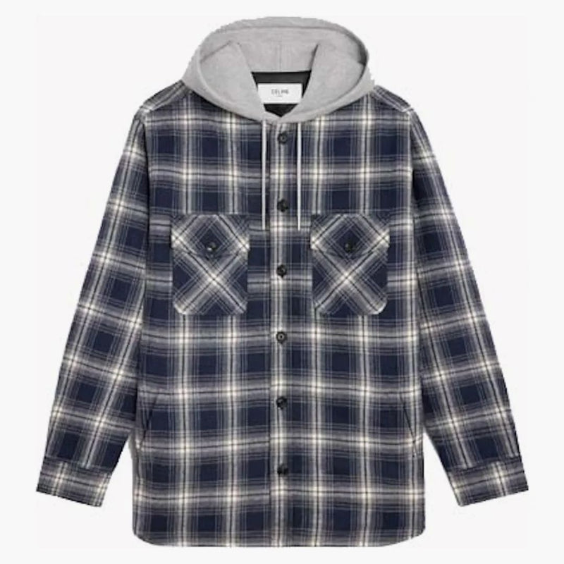 Celine Hooded Checked Cotton Overhirt Navy