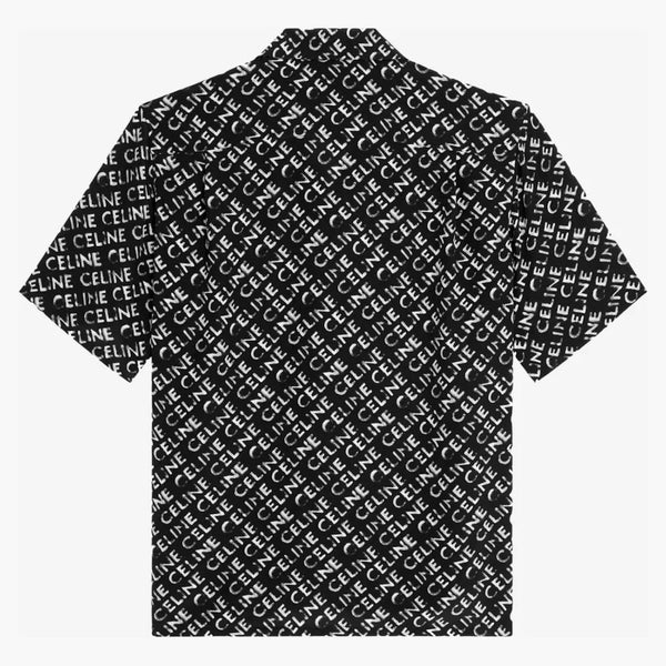 Celine Loose Hawaiian skjorta med utspädd Celine -tryck i Crepe de Chine Noir/Craie