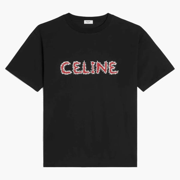 Celine Rhinestone Loose T-shirt i Cotton Jersey Black/Red