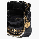 Chanel 22 Handbag Mini 23s Shiny Crumpled Calfskin Black With Pearl Chain