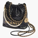 Chanel 22 Handbag Mini 23s Shiny Crumpled Calfskin Black With Pearl Chain