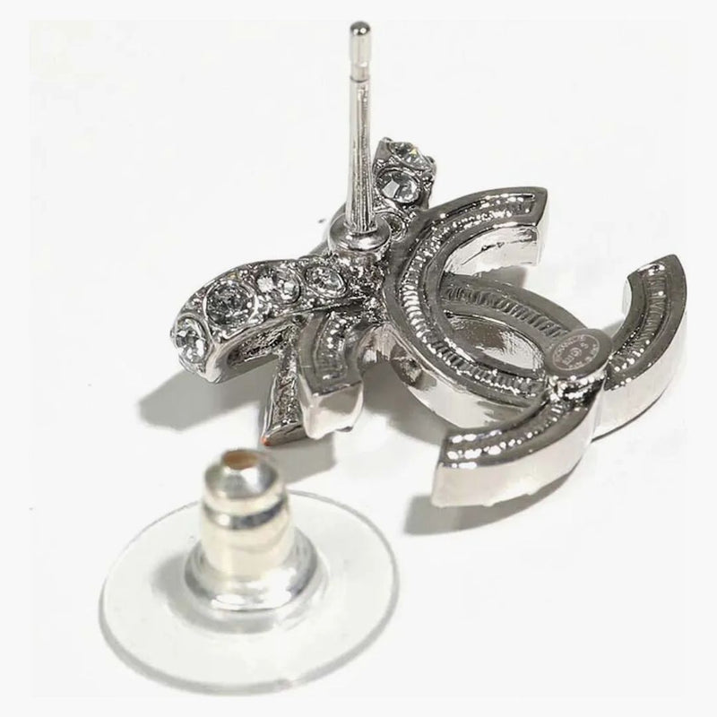 Chanel Bow Tie CC Logo Earrings Silver (ABA922)