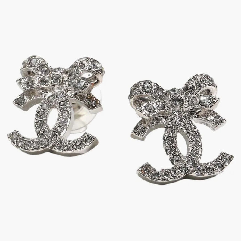 Chanel Bow Tie CC Logo Earrings Silver (ABA922)