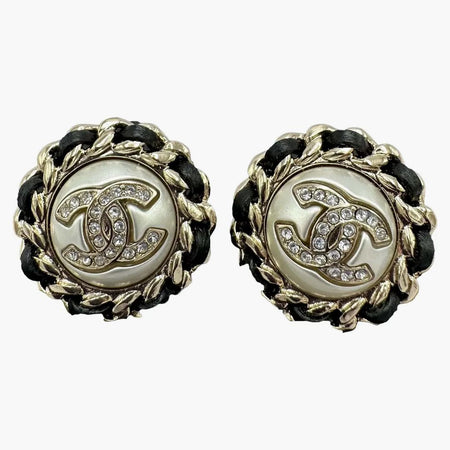 Chanel Cc Logo Crystal Pearl Chain Stud Earrings Ab4703 Gold/pearly White/black/crystal