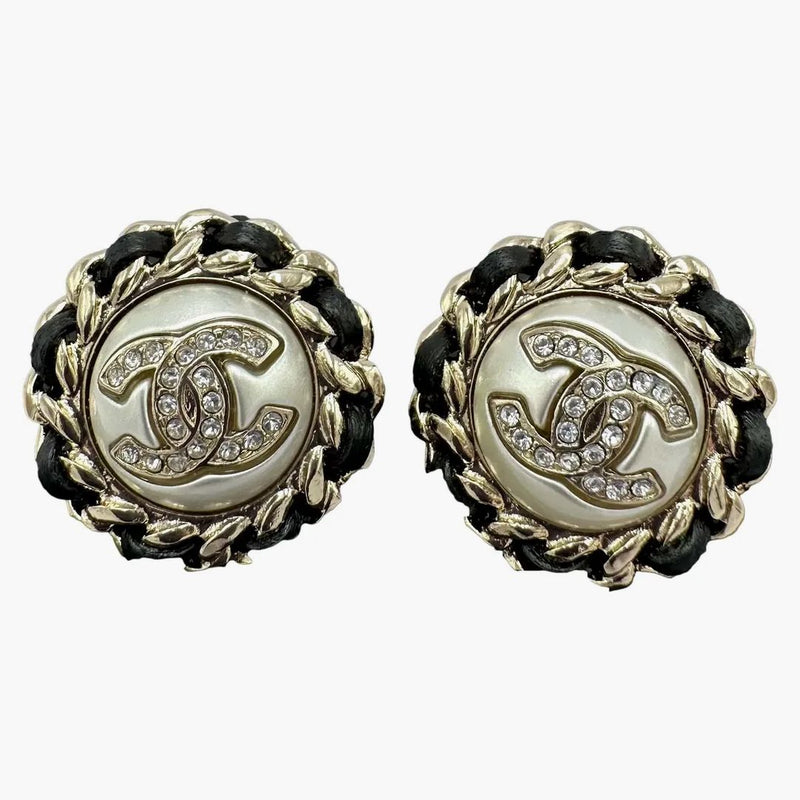 Chanel CC Logo Crystal Pearl Chain Stud Earrings AB4703 Gold/Pearly White/Black/Crystal