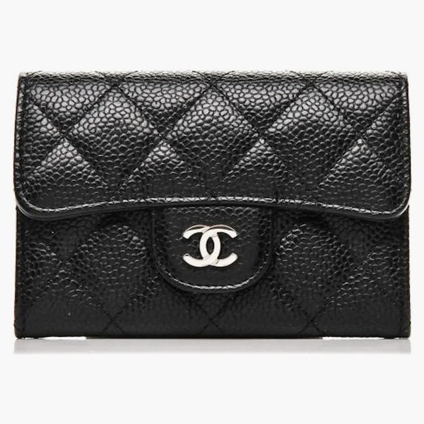 Chanel Flap-korthållare quiltad kaviar silver-ton svart