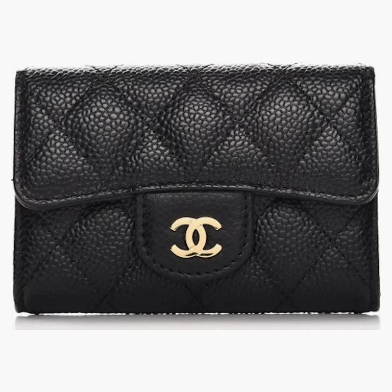 Chanel-korthållare quiltad kaviar guldton svart