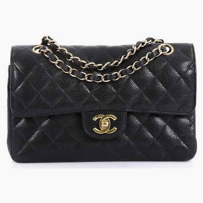 Chanel Classic Double Clap prošívaný kaviárový zlatý tón malý černou