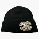 Chanel Cloche Black White Beige CC Logo Beanie AA8603 Black