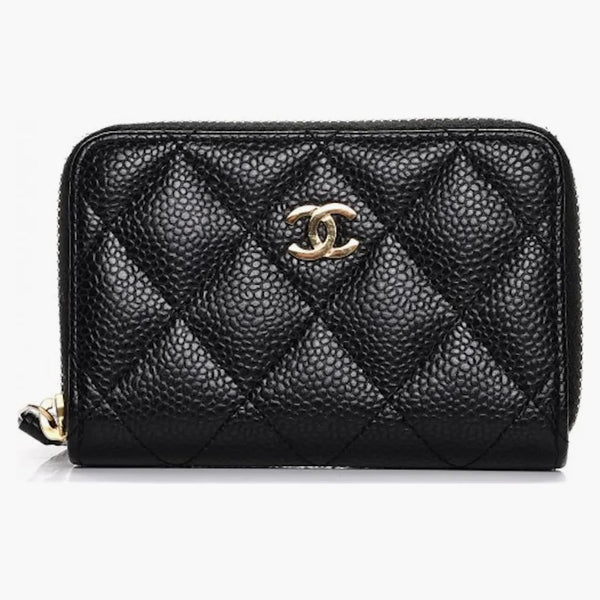 Chanel Zip Coin Purse Quilted Caviar Gold-Tone Black