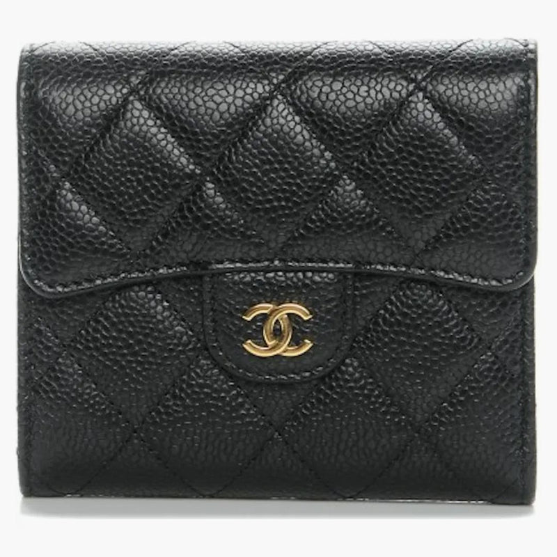 Chanel Flap Compact Portfel Quilted Caviar Gold Tone Black