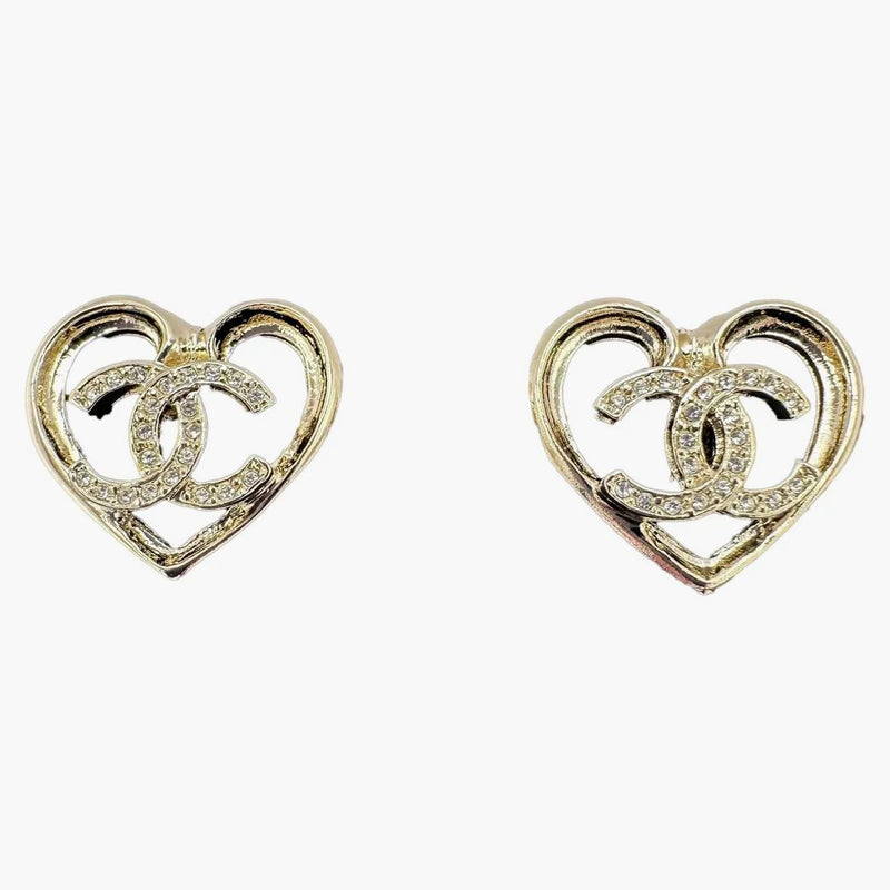 Chanel Crystal CC Logo Heart Stud Earrings ABA103 Light Gold/Crystal