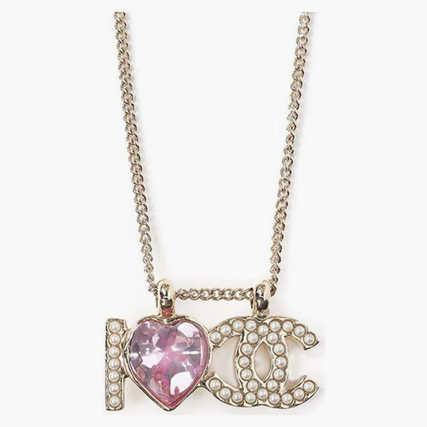 Chanel Crystal Heart I Love CC Logo Necklace Gold/Pink (AB8709)