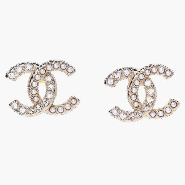 Chanel Crystal Pearl CC Earrings 0.5 "Gold