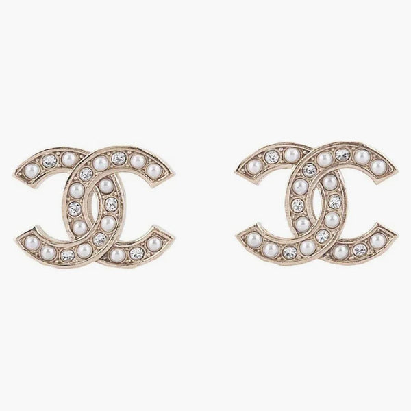 Chanel Crystal Pearl CC Logo Earrings Gold (Fig771)
